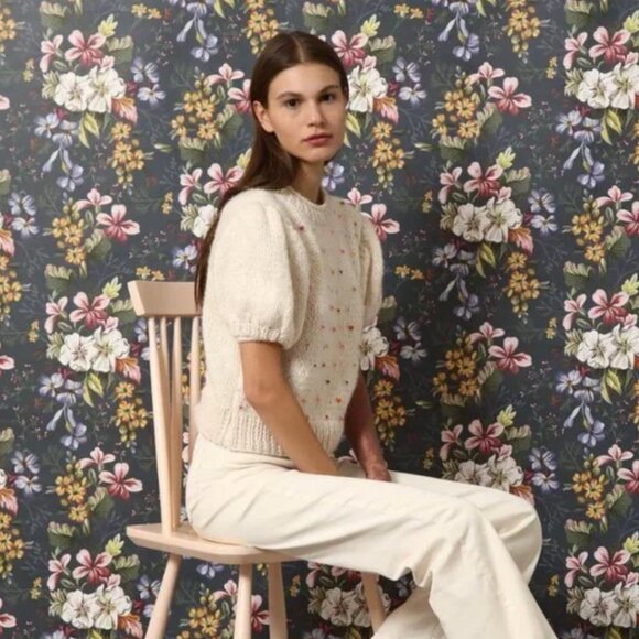 NWT Vero Alfie Sidra Sweater Womens Medium Cream Beaded Crew Neck Anthropologie - Picture 11 of 11